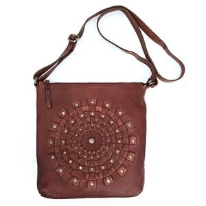 Vilenca Holland Brown Woven Pebbled Genuine Leather Boho Crossbody Silver Studs